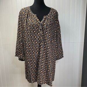 Ulla Popken Top Floral 24/26 Black Yellow V-Neck 3/4 Sleeve Lightweigh